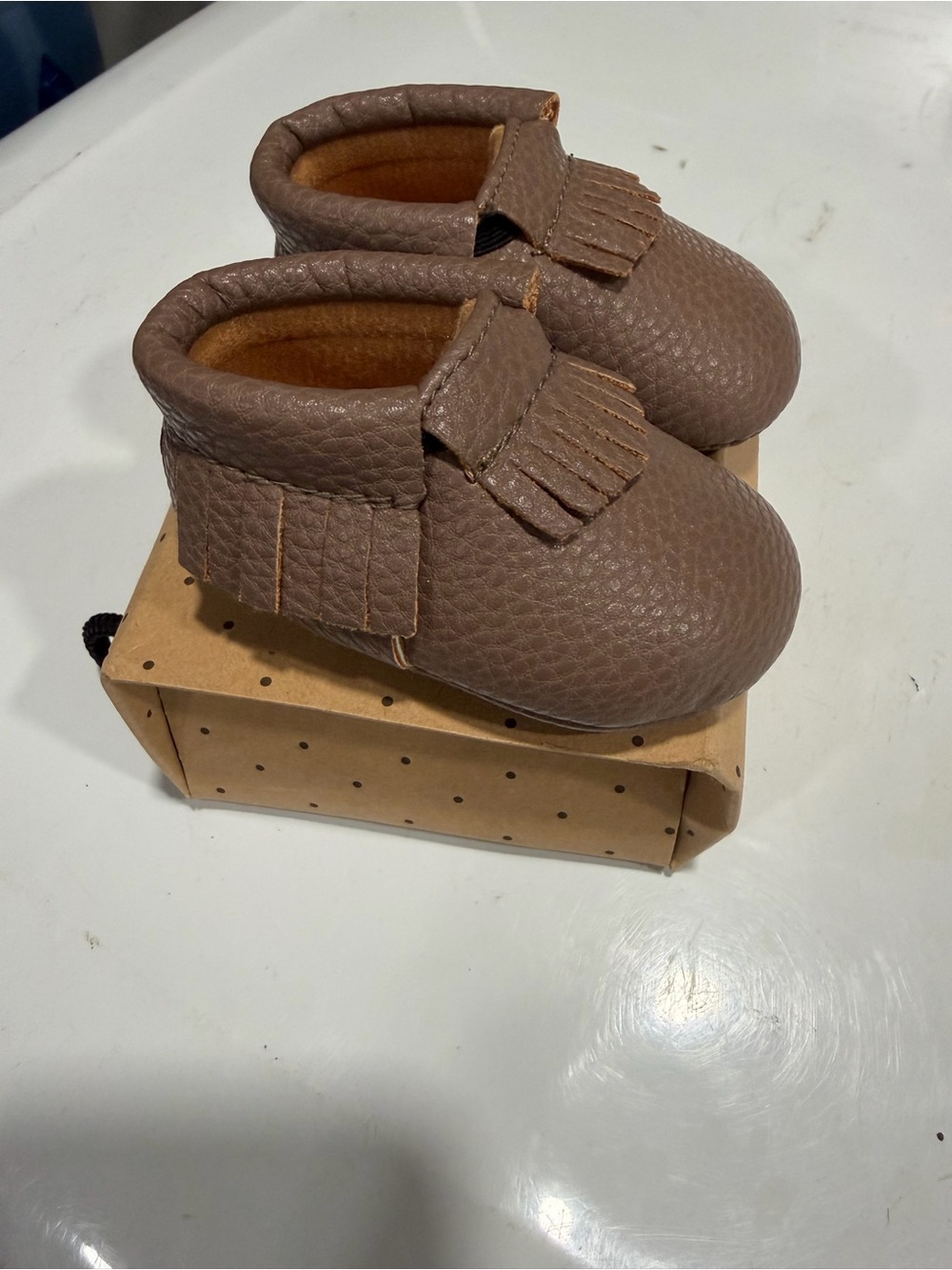 Soft Brown Baby Moccasins with Fringe - Cozy Slip-On Size 0